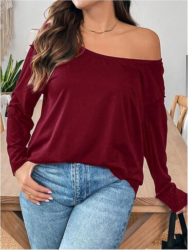 SOLY HUX Women's Plus Size Off The Shoulder Tops Long Sleeve Shirts Oversized Pullover Tee Tops in Kuwait