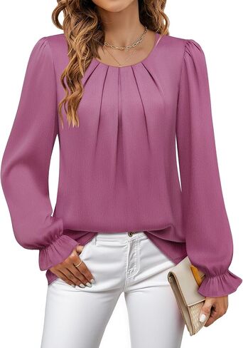 Lotusmile Womens Business Casual Blouse Pleated Ruffle Long Sleeve Dressy Top Satin Work Shirt in Saudi Arabia
