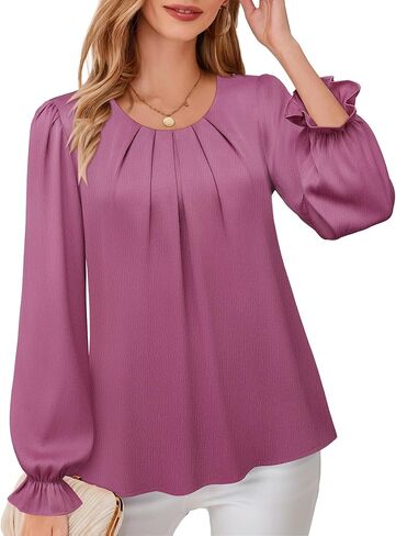 Lotusmile Womens Business Casual Blouse Pleated Ruffle Long Sleeve Dressy Top Satin Work Shirt in Saudi Arabia