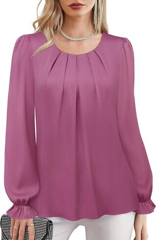 Lotusmile Womens Business Casual Blouse Pleated Ruffle Long Sleeve Dressy Top Satin Work Shirt in Saudi Arabia