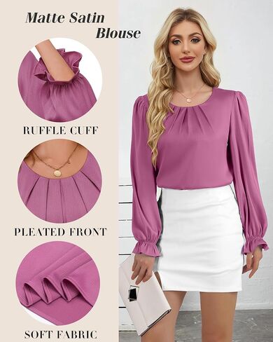 Lotusmile Womens Business Casual Blouse Pleated Ruffle Long Sleeve Dressy Top Satin Work Shirt in Saudi Arabia