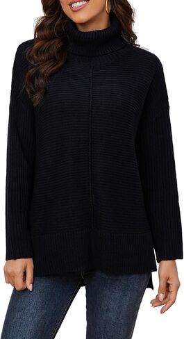 سترة نسائية بياقة مدورة: سترة منسوجة مضلعة مع حاشية مرتفعة ومنخفضة - بلوفر فضفاض بأكمام طويلة in Kuwait