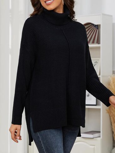 سترة نسائية بياقة مدورة: سترة منسوجة مضلعة مع حاشية مرتفعة ومنخفضة - بلوفر فضفاض بأكمام طويلة in Kuwait