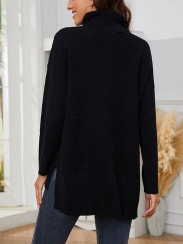 سترة نسائية بياقة مدورة: سترة منسوجة مضلعة مع حاشية مرتفعة ومنخفضة - بلوفر فضفاض بأكمام طويلة in Kuwait