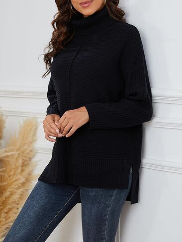 سترة نسائية بياقة مدورة: سترة منسوجة مضلعة مع حاشية مرتفعة ومنخفضة - بلوفر فضفاض بأكمام طويلة in Kuwait