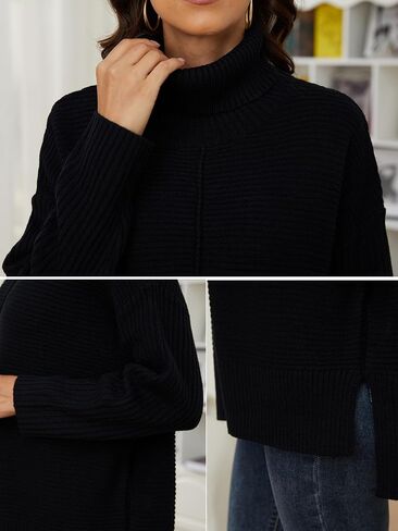 سترة نسائية بياقة مدورة: سترة منسوجة مضلعة مع حاشية مرتفعة ومنخفضة - بلوفر فضفاض بأكمام طويلة in Kuwait