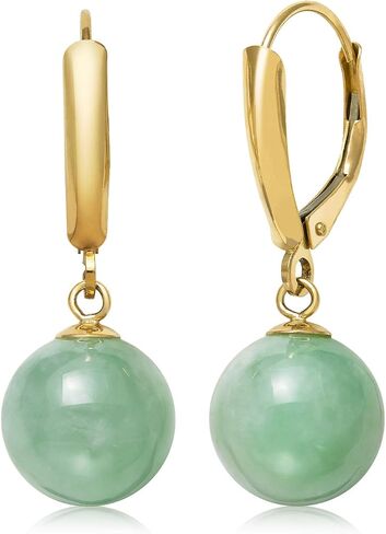 14k Yellow Gold Natural Green Jade Drop Dangle Leverback Earrings in Kuwait