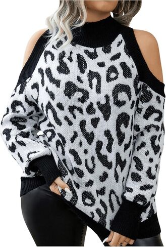 MakeMeChic Women's Plus Size Sweater Leopard Print Cold Shoulder Long Sleeve Mock Neck Knit Top in Saudi Arabia