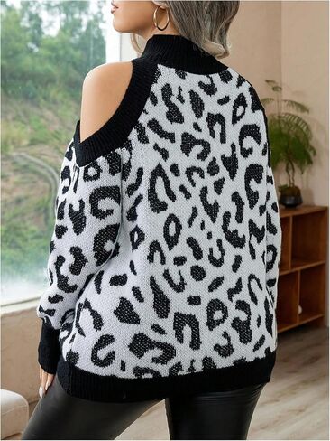 MakeMeChic Women's Plus Size Sweater Leopard Print Cold Shoulder Long Sleeve Mock Neck Knit Top in Saudi Arabia