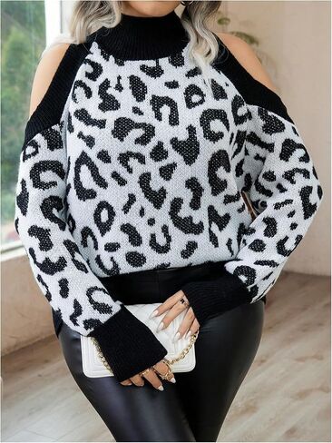 MakeMeChic Women's Plus Size Sweater Leopard Print Cold Shoulder Long Sleeve Mock Neck Knit Top in Saudi Arabia