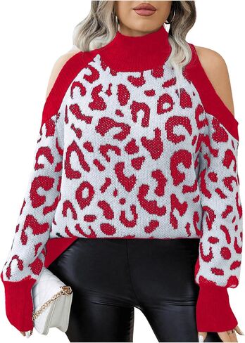 MakeMeChic Women's Plus Size Sweater Leopard Print Cold Shoulder Long Sleeve Mock Neck Knit Top in Saudi Arabia