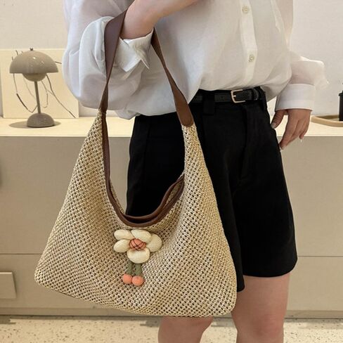 Crochet Tote Bag Summer Beach Tote Bag,Straw Tote Bag Large Woven Beach Bag Handbag Knit Bag for Women Travel Vacation Shopping in Saudi Arabia