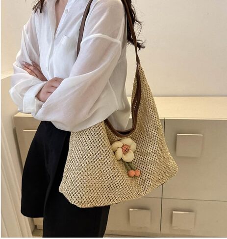 Crochet Tote Bag Summer Beach Tote Bag,Straw Tote Bag Large Woven Beach Bag Handbag Knit Bag for Women Travel Vacation Shopping in Saudi Arabia