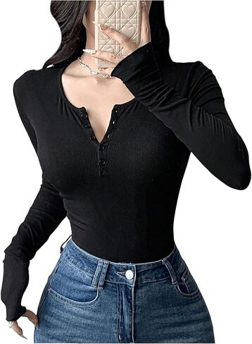 SHENHE Women's Leopard Print Ribbed Knit T Shirts Long Sleeve Slim Fit Henley Tops Clubwear in Kuwait