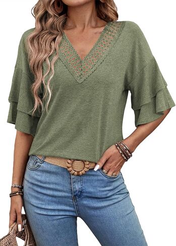 EVALESS 3/4 Length Sleeve Womens Tops Summer Loose Lace V Neck T Shirts Dressy Casual Ruffle Sleeve Tunic Blouses in Kuwait