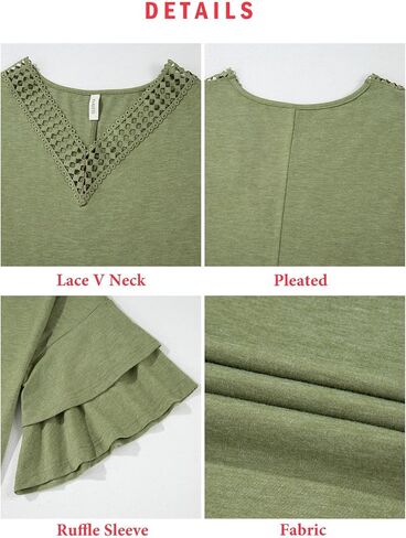 EVALESS 3/4 Length Sleeve Womens Tops Summer Loose Lace V Neck T Shirts Dressy Casual Ruffle Sleeve Tunic Blouses in Kuwait
