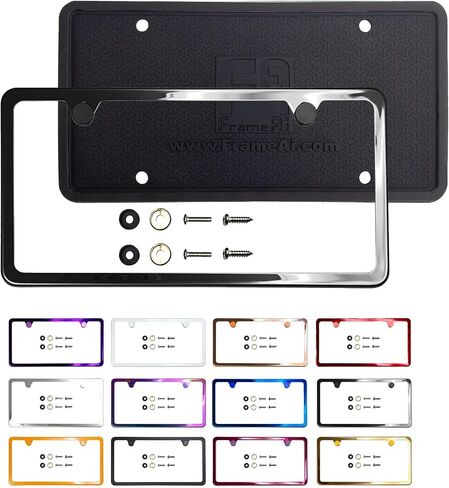 T304 Stainless Steel Two Holes Slim License Plate Frame Black Chrome Gun Metal Gray Electroplating Universal Fit Aluminum Screw On Cap Cover, Silicone Back Guard, Rust Proof (Qty: 1 Frame) in Saudi Arabia