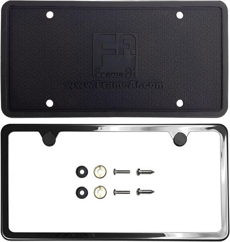 T304 Stainless Steel Two Holes Slim License Plate Frame Black Chrome Gun Metal Gray Electroplating Universal Fit Aluminum Screw On Cap Cover, Silicone Back Guard, Rust Proof (Qty: 1 Frame) in Saudi Arabia