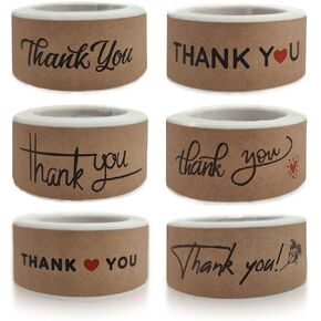 720 PCS 1" x 3" Thank You Stickers Rectangle Gift Seal Kraft Paper Thank You Stickers Labels Diary Stationery Stickers for Business Wedding Party Decor Handmade Decoration Sticker (6 Roll, 120 / Roll)