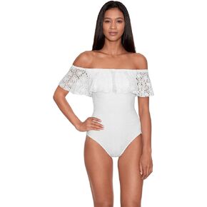 LAUREN Ralph Lauren Crochet Ruffle Off-The-Shoulder One-Piece White 12