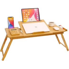 Laptop Desk for Bed, COIWAI Laptop Bed Tray Desk, Bamboo Lap Desk with Tablet Slot, Adjustable Height Angle, Foldable Laptop Tray for Sofa Couch Floor, with Storage Drawer - Large