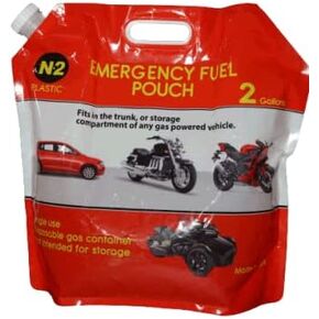 2 Gallon Gas Pouch (Foldable-Expandable gas pouch, holds 2 Gallons of gas) fits in the palm of your hand. Fits in the storage compartment of a motorcycle or glove box of a car.