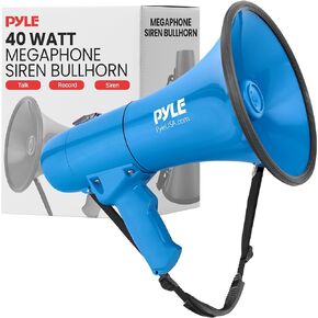 Pyle 40W Megaphone Siren Bullhorn Speaker with Record Function, Battery Powered, Water Resistant, Portable and Lightweight - Indoor & Outdoor Use, 800 SQ YD Projection Range, Used as Siren/Music, Blue