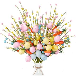 Sggvecsy Artificial Easter Stems 6 Pcs Spring Berry Picks with Easter Eggs Carrot Colorful Berries Twig Branches Easter Sprays for Easter Arrangement Centerpiece Easter Celebration Home Vase Decor