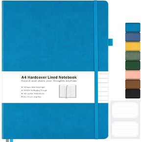 College Ruled Notebook, A4 Hardcover Leather Notebook for Work, Lined Notebook Journal for Women, Men, 192 Thick Paper, Lay Flat, Large Notebook with 2 Pockets, Professional Business Notebook, Black
