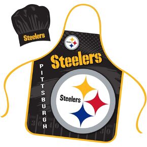 Pittsburgh Steelers Apron Chef Hat Set Full Color Universal Size Tie Back Grilling Tailgate BBQ Cooking Host