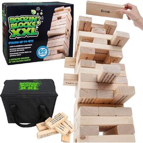 Extra Large Stack Tower Drinking Game w Carrying Case - Stacks up to 5 Ft Tall - 60pcs Giant Wooden Blocks with Drinking Commands (21+ Only) - Fun College Dorm Party Game