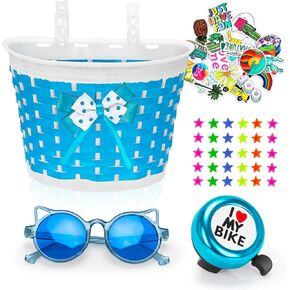Suerico Kids Bike Basket for Girls Boys,Bicycle Basket with Bike Bell Stickers Wheel Spokes Riding Sunglasses,Kids Bike Decorations Accessories