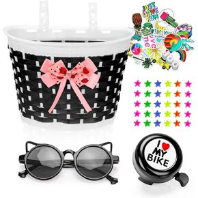 Suerico Kids Bike Basket for Girls Boys,Bicycle Basket with Bike Bell Stickers Wheel Spokes Riding Sunglasses,Kids Bike Decorations Accessories