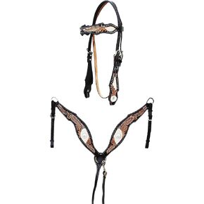 CHALLENGER Horse Western Feather Hair-On Tooled Headstall Bridle & Breast Collar Set 78FK16B