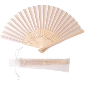 50pcs Cream-Coloured Imitated Silk Fabric Bamboo Folded Hand Fan Bridal Dancing Props Church Wedding Gift Party Favors with Gift Bags