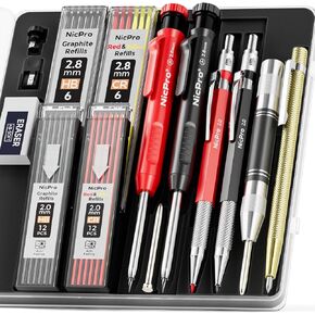 15 Pack Carpenter Pencil Set with Sharpener, Mechanical Carpenter Pencils with 40 Refill, Automatic Center Puncha and Carbide Scribe Tool, Heavy Duty Construction Pencil for Architect-With Case