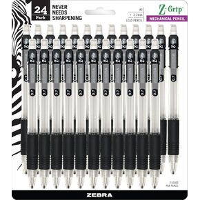 أقلام رصاص ميكانيكية Zebra® Z-Grip™، 0.7 مم، رقم 2 رصاص متوسط، أسطوانة شفافة، عبوة مكونة من 24 قلمًا
