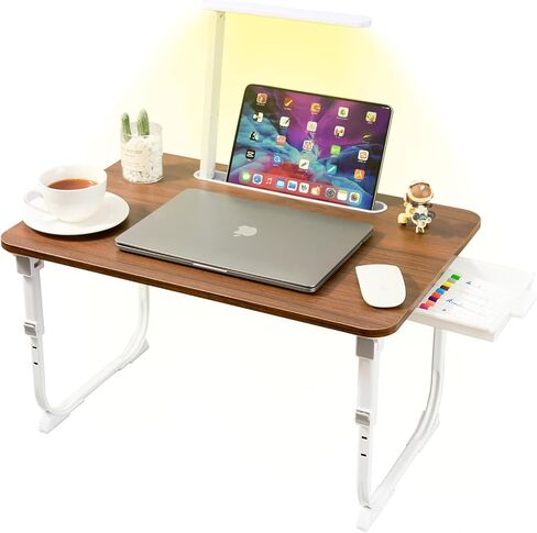 Laptop Desk for Bed Lap Desk with LED Desk Light, Adjustable Tablet Bed Table with Foldable Legs Storage Drawer, Breakfast Serving Tray Folding Laptop Stand Reading Holder for Sofa Couch Floor (BLACK) in Kuwait