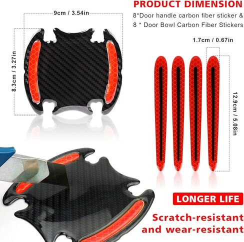 16Pcs Car 3D Carbon Fiber Door Handle Paint Scratch Protector, Reflective Stripe Stickers Anti-Scratch Car Outdoor Safety Warning Marker, Universal for Most Car Handles in Saudi Arabia