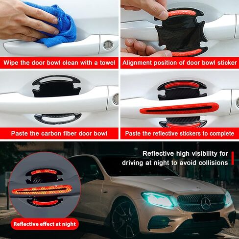 16Pcs Car 3D Carbon Fiber Door Handle Paint Scratch Protector, Reflective Stripe Stickers Anti-Scratch Car Outdoor Safety Warning Marker, Universal for Most Car Handles in Saudi Arabia