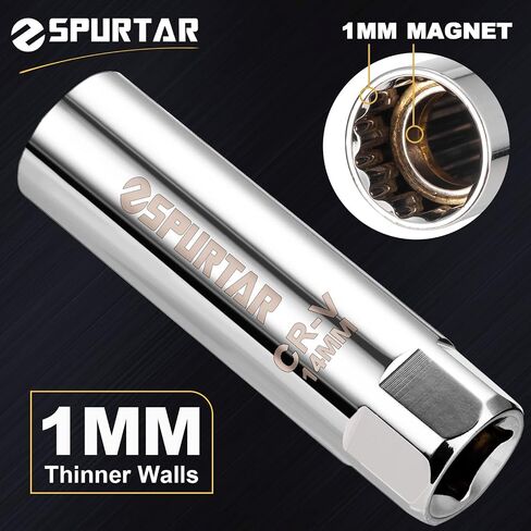 Spurtar 14mm Spark Plug Socket 3/8-inch Drive Thin Wall Magnetic Spark Plug Socket - 12-Point Design Compatible with BMW Mini Motorcycle, Car, SUV, Mercedes, Nissan, Peugeot in Saudi Arabia