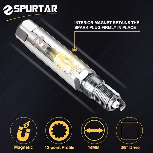 Spurtar 14mm Spark Plug Socket 3/8-inch Drive Thin Wall Magnetic Spark Plug Socket - 12-Point Design Compatible with BMW Mini Motorcycle, Car, SUV, Mercedes, Nissan, Peugeot in Saudi Arabia