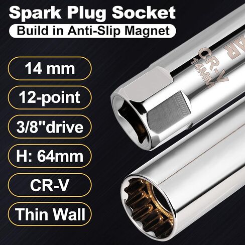 Spurtar 14mm Spark Plug Socket 3/8-inch Drive Thin Wall Magnetic Spark Plug Socket - 12-Point Design Compatible with BMW Mini Motorcycle, Car, SUV, Mercedes, Nissan, Peugeot in Saudi Arabia