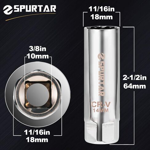 Spurtar 14mm Spark Plug Socket 3/8-inch Drive Thin Wall Magnetic Spark Plug Socket - 12-Point Design Compatible with BMW Mini Motorcycle, Car, SUV, Mercedes, Nissan, Peugeot in Saudi Arabia