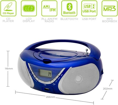 HANNLOMAX HX-321CD3 Boombox CD/MP3 المحمول، راديو AM/FM، بلوتوث، منفذ USB لتشغيل MP3، مدخل Aux-in (أزرق) in Saudi Arabia