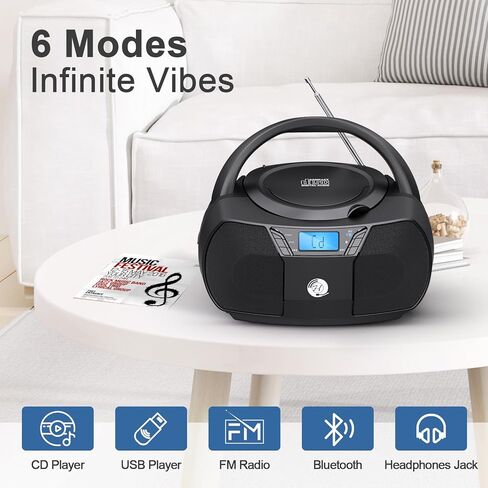 مشغل أقراص مضغوطة بلوتوث Boombox، صندوق ذراع Herneum قابل لإعادة الشحن مع راديو FM / صوت ستيريو / مقبس سماعات الرأس، مشغل أقراص مضغوطة محمول للأماكن الداخلية والخارجية (أسود) in Kuwait