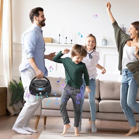 مشغل أقراص مضغوطة بلوتوث Boombox، صندوق ذراع Herneum قابل لإعادة الشحن مع راديو FM / صوت ستيريو / مقبس سماعات الرأس، مشغل أقراص مضغوطة محمول للأماكن الداخلية والخارجية (أسود) in Kuwait