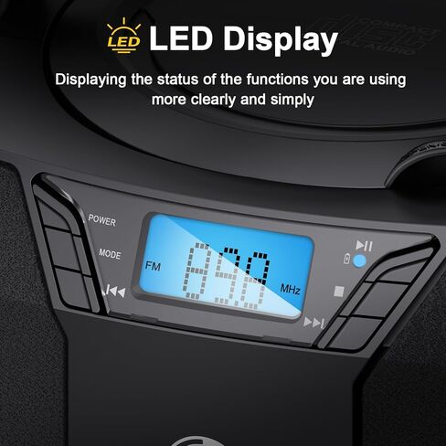 مشغل أقراص مضغوطة بلوتوث Boombox، صندوق ذراع Herneum قابل لإعادة الشحن مع راديو FM / صوت ستيريو / مقبس سماعات الرأس، مشغل أقراص مضغوطة محمول للأماكن الداخلية والخارجية (أسود) in Kuwait