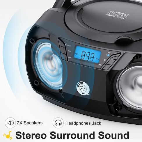 مشغل أقراص مضغوطة بلوتوث Boombox، صندوق ذراع Herneum قابل لإعادة الشحن مع راديو FM / صوت ستيريو / مقبس سماعات الرأس، مشغل أقراص مضغوطة محمول للأماكن الداخلية والخارجية (أسود) in Kuwait