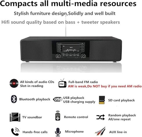 CD Player with Speakers Bluetooth for Home Stereo System Boombox | FM Radio USB SD AUX Remote Control | 28 Inch Long with Bluetooth Receiver (Black Finish) in Kuwait